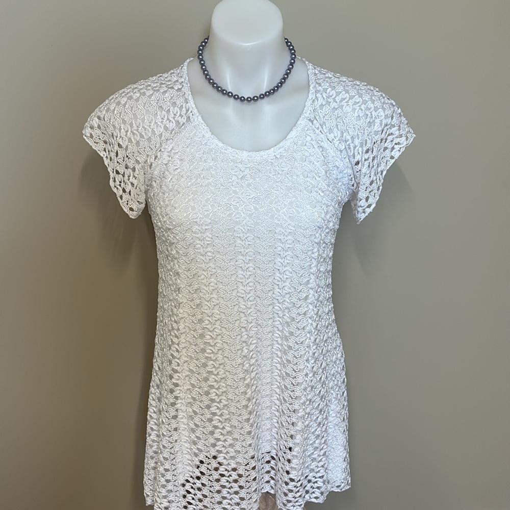 Laura Crochet Top Subtle Shimmer Short Sleeve Lined, Womens, Size: S;